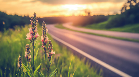 A breathtaking scene capturing wildflowers beside a winding road at sunset, showcasing the beauty of nature with vibrant colors and a tranquil atmosphere perfect for travel themes.の素材