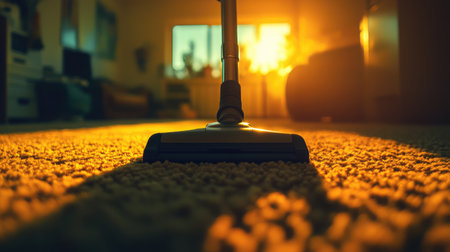 A close-up view of a vacuum cleaner in action on a carpet in a beautifully lit living room, enhancing the warm, inviting atmosphere during sunset.の素材
