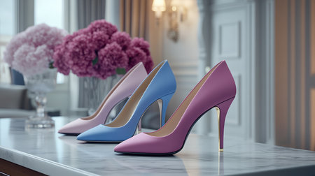 Display of elegant high heels in pink and blue hues on a marble table, accompanied by a beautiful floral arrangement, showcasing luxury and stylish footwear design.の素材