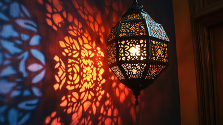 A beautifully crafted lantern illuminates a textured wall, casting intricate shadows that create a warm and inviting atmosphere perfect for cozy indoor settings.の素材