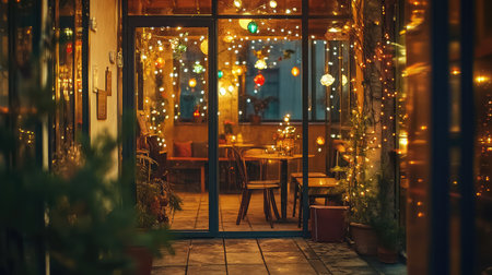 A picturesque outdoor dining space enhanced by colorful lights and enchanting decorations, perfect for creating a warm and inviting atmosphere for gatherings and special moments.の素材
