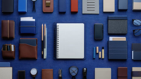 A visually appealing arrangement of workspace essentials including a notebook, writing tools, and various stationery items on a blue background, perfect for personal or professional use.の素材