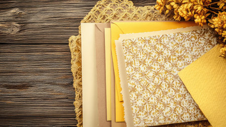 A visually captivating arrangement of decorative papers in warm tones set against a rustic wooden surface, complemented by dried flowers, ideal for craft enthusiasts.の素材
