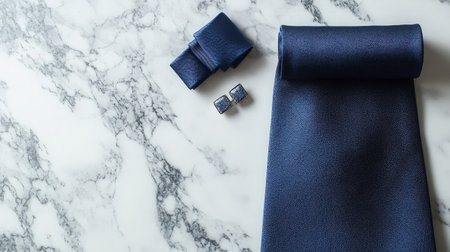 An elegant arrangement featuring a roll of navy fabric, a stylish bow tie, and luxurious cufflinks on a smooth marble surface, ideal for fashion and accessory showcases.の素材