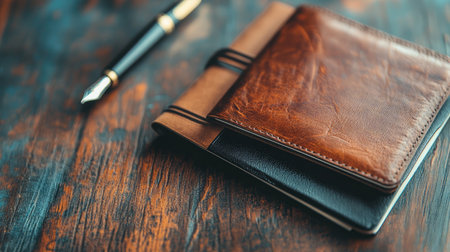 A beautiful arrangement of leather notebooks and a fountain pen on a wooden surface, perfect for inspiring creativity and enhancing productivity in any workspace setting.の素材