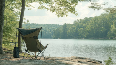 A serene lakeside setting features a comfortable camping chair positioned on a rock, offering peaceful views of the calm water and lush greenery surrounding the area.の素材