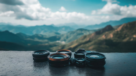 A collection of various camera lenses is arranged on a surface, with a breathtaking mountain view in the background featuring dynamic clouds and vibrant nature.の素材
