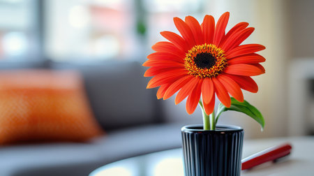 A stunning orange flower in a black pot adds a touch of vibrancy to a cozy indoor living space, capturing the essence of nature's beauty and freshness. Perfect for decor inspiration.の素材