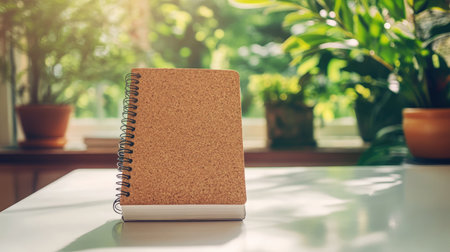 A warm and inviting workspace featuring a cork notebook on a desk, surrounded by lush green plants and sunlight streaming through the window, perfect for creativity.の素材