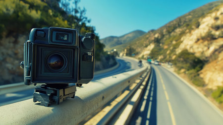 A professional camera is positioned on a roadside, capturing the dynamic motion of vehicles along a winding highway amidst stunning mountain scenery and a clear blue sky.の素材