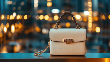 This stunning white handbag showcases luxurious design with a chain strap, beautifully illuminated by urban lights, making it a perfect accessory for any fashionable outfit.の素材