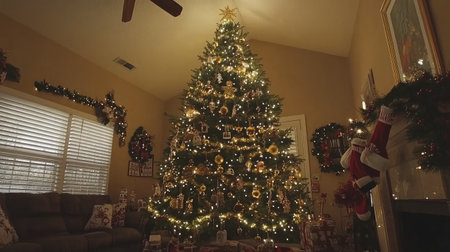 A warm and inviting Christmas living room featuring a stunning tree adorned with sparkling lights and beautiful ornaments, creating a magical holiday atmosphere.の素材
