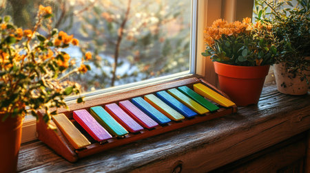 A vibrant xylophone rests on a wooden windowsill, surrounded by bright yellow flowers and green plants, illuminated by warm sunlight, creating a cozy and inviting atmosphere.の素材