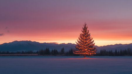 A beautiful Christmas tree adorned with warm lights shines brightly against a colorful sunset backdrop, with snowy mountains creating a tranquil winter landscape.の素材