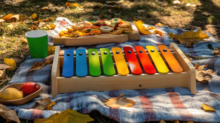 Enjoy a vibrant picnic scene featuring a colorful xylophone and delicious treats arranged on a cozy blanket amidst golden autumn leaves and warm sunlight.の素材