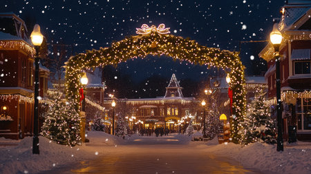 Experience the magic of a snowy street adorned with twinkling lights and festive decorations, inviting warmth and joy during the enchanting holiday season.の素材