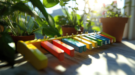 A vibrant xylophone sits among lush plants, illuminated by soft sunlight, creating a cheerful atmosphere ideal for playful creativity and joyful moments.の素材
