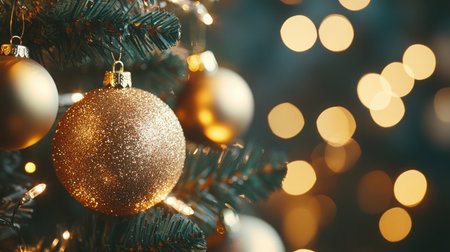 A stunning close-up of a gold glitter ornament hanging on a beautifully decorated Christmas tree with warm bokeh lights creating a joyful holiday vibe.の素材