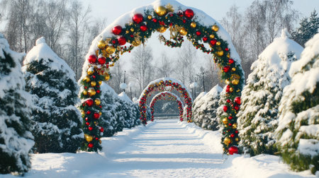 Enchanting winter scene featuring beautifully decorated arches adorned with ornaments, surrounded by snow-covered evergreens set against a clear blue sky.の素材