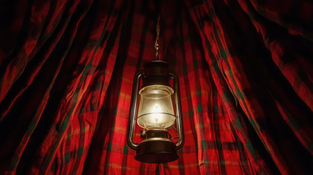 A beautifully lit vintage lantern hangs against a rich red and green checkered fabric backdrop, creating a warm and inviting atmosphere perfect for rustic or nostalgic themes.の素材