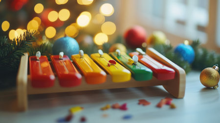 A vibrant wooden xylophone sits amidst festive decorations, perfect for setting a playful and musical holiday atmosphere, ideal for childrenの素材