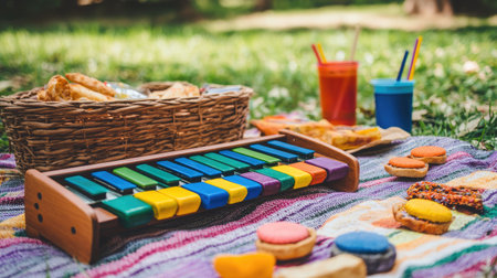 A vibrant picnic scene showcasing a colorful xylophone surrounded by an array of snacks, cookies, and drinks on a sunny day in a beautiful park. Perfect for family fun!の素材