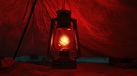 A vintage lantern casts a warm, red glow inside a cozy tent, creating a serene atmosphere. This image captures the essence of camping and nostalgia, perfect for adventurous themes.の素材