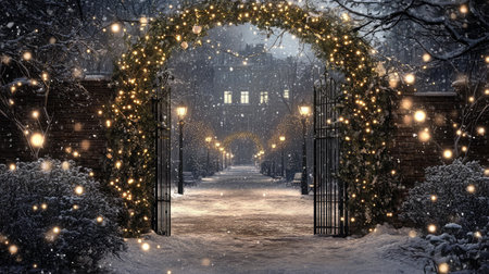 A captivating winter scene featuring a snow-covered pathway illuminated by decorative lights, creating a magical ambience in a serene outdoor setting.の素材
