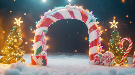 A captivating holiday scene featuring a candy cane arch adorned with colorful lights, surrounded by cheerful Christmas trees and snowy decorations, perfect for festive celebrations.の素材