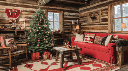 Experience the charm of a cozy cabin living room decorated for Christmas, featuring a beautifully adorned tree, warm lighting, and inviting rustic decor.の素材