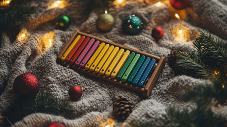 A vibrant xylophone sits amidst festive decorations on a cozy knitted blanket, evoking a warm and joyful holiday atmosphere perfect for family gatherings and musical creativity.の素材