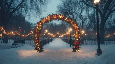 A magical winter scene featuring a beautifully decorated archway with lights, surrounded by serene snow-covered trees, creating a festive atmosphere perfect for holiday celebrations.の素材