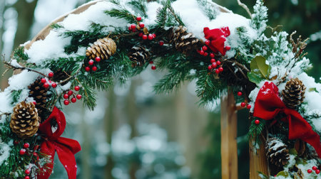 A stunning winter wreath adorned with pinecones, red ribbons, and berries, covered in fresh snow. Perfect for holiday decoration in a serene forest setting.の素材