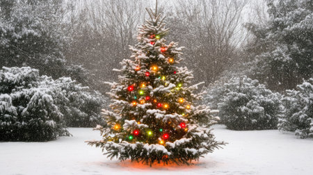 A stunning Christmas tree stands tall in a snowy landscape, adorned with colorful lights, creating a magical winter scene filled with tranquility and holiday cheer.の素材