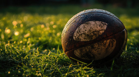 A weathered rugby ball resting on dewy grass captures the essence of outdoor sports with its textured surface reflecting morning light. Perfect for sports-themed projects.の素材