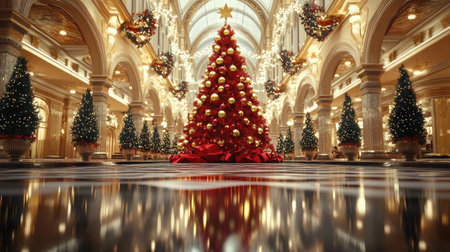 A magnificent Christmas tree with gold ornaments shines beautifully in a lavish hall, surrounded by elegantly decorated trees, creating a warm festive atmosphere perfect for celebrations.の素材