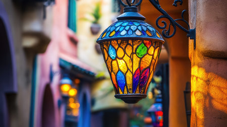 A beautifully crafted stained glass lantern casts vibrant light over a colorful alleyway, showcasing the enchanting details of a charming European village atmosphere.の素材