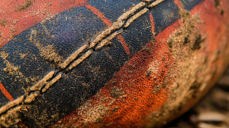Detailed close-up of a weathered football showcasing its textured surface, muddy accents, and vibrant colors, emphasizing the joy of outdoor sports and play.の素材