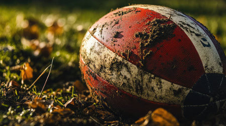 A detailed image of a muddy rugby ball on the ground among fallen leaves, symbolizing the ruggedness of outdoor sports and the beauty of autumn.の素材
