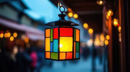 A vibrant lantern with colorful glass panels glows warmly, enhancing the cozy ambiance of an evening market, surrounded by soft bokeh lights and bustling crowds.の素材