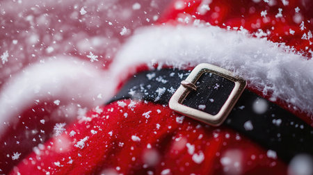 A captivating close-up shot of a red Santa hat adorned with a fluffy white trim, featuring a shiny buckle as snowflakes gently fall, evoking a warm holiday spirit.の素材
