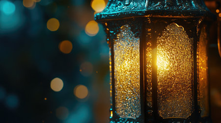 A beautifully crafted vintage lantern casts a warm golden light, creating a serene atmosphere amidst rain, with soft bokeh lights enhancing the dreamy effect.の素材