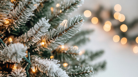 This image captures the beauty of frosted evergreen branches illuminated by warm fairy lights, evoking a cozy and festive holiday spirit perfect for winter celebrations.の素材