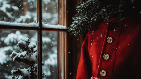A charming winter scene showcasing a vibrant red coat beside a snowy window, surrounded by pine accents, evoking warmth, comfort, and holiday cheer.の素材