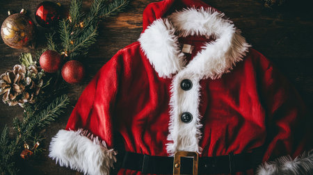 A vibrant red Santa Claus costume with faux fur trim, surrounded by Christmas ornaments and pine elements, evokes the joy and warmth of holiday celebrations.の素材