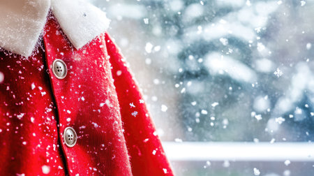 A charming red winter coat covered in snowflakes, beautifully showcasing the cozy and festive spirit of the holiday season through its vibrant color and delicate details.の素材