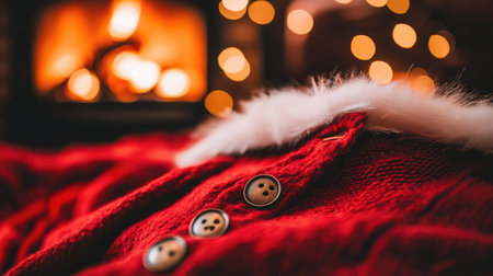 A close-up of a red Christmas sweater with buttons, set against a glowing fireplace and soft bokeh lights, evoking a cozy and festive winter atmosphere.の素材