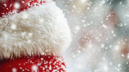 This image features a close-up of a Santa hat dusted with snow, set against a blurred winter background, embodying the essence of holiday joy and seasonal festivities.の素材