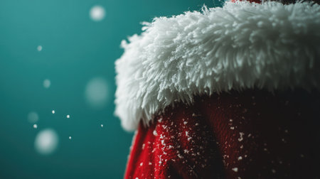 A captivating close-up of a Santa Claus costume, highlighting the soft white collar against a vivid teal background, surrounded by delicate falling snowflakes, embodying the holiday spirit.の素材
