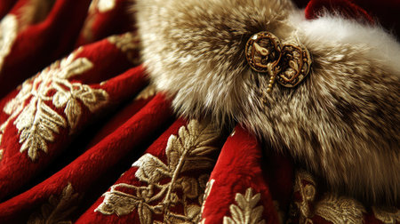 Explore the exquisite details of this luxurious red fabric featuring intricate gold embroidery and a soft fur trim, perfect for fashion, design, or elegant decor projects.の素材